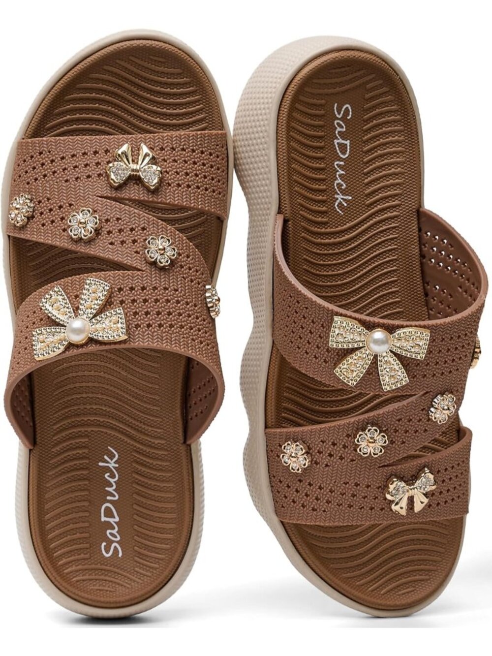 Women's Tan Decoration Beach Sandals Cute Slip On Summer Slides Sandals Vacation